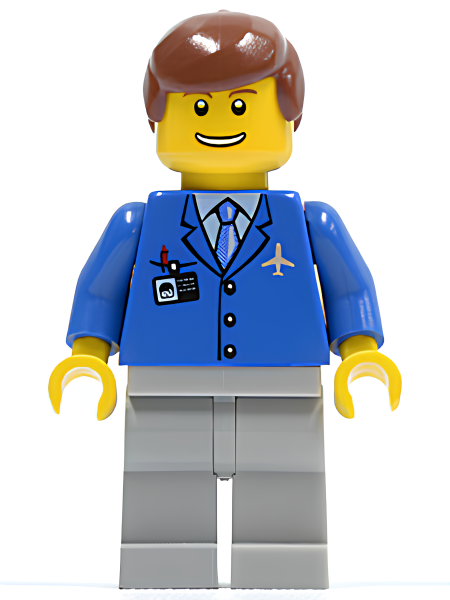 Минифигурка Lego  Airport - Blue 3 Button Jacket & Tie, Light Bluish Gray Legs, Reddish Brown Male Hair, Thin Grin with Teeth air045 U